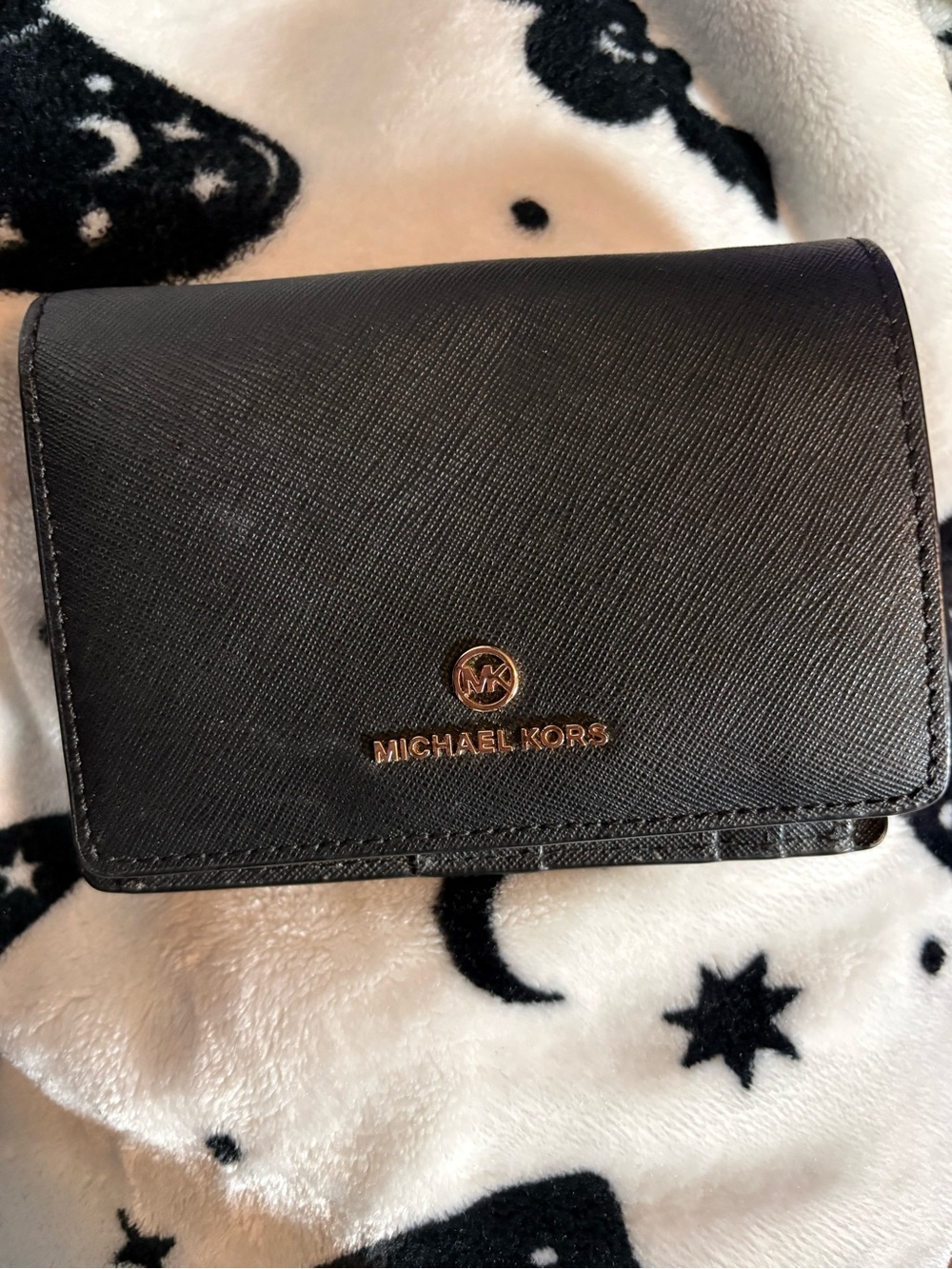 Michael Kors Black Leather Card & Key Holder with Gold Logo